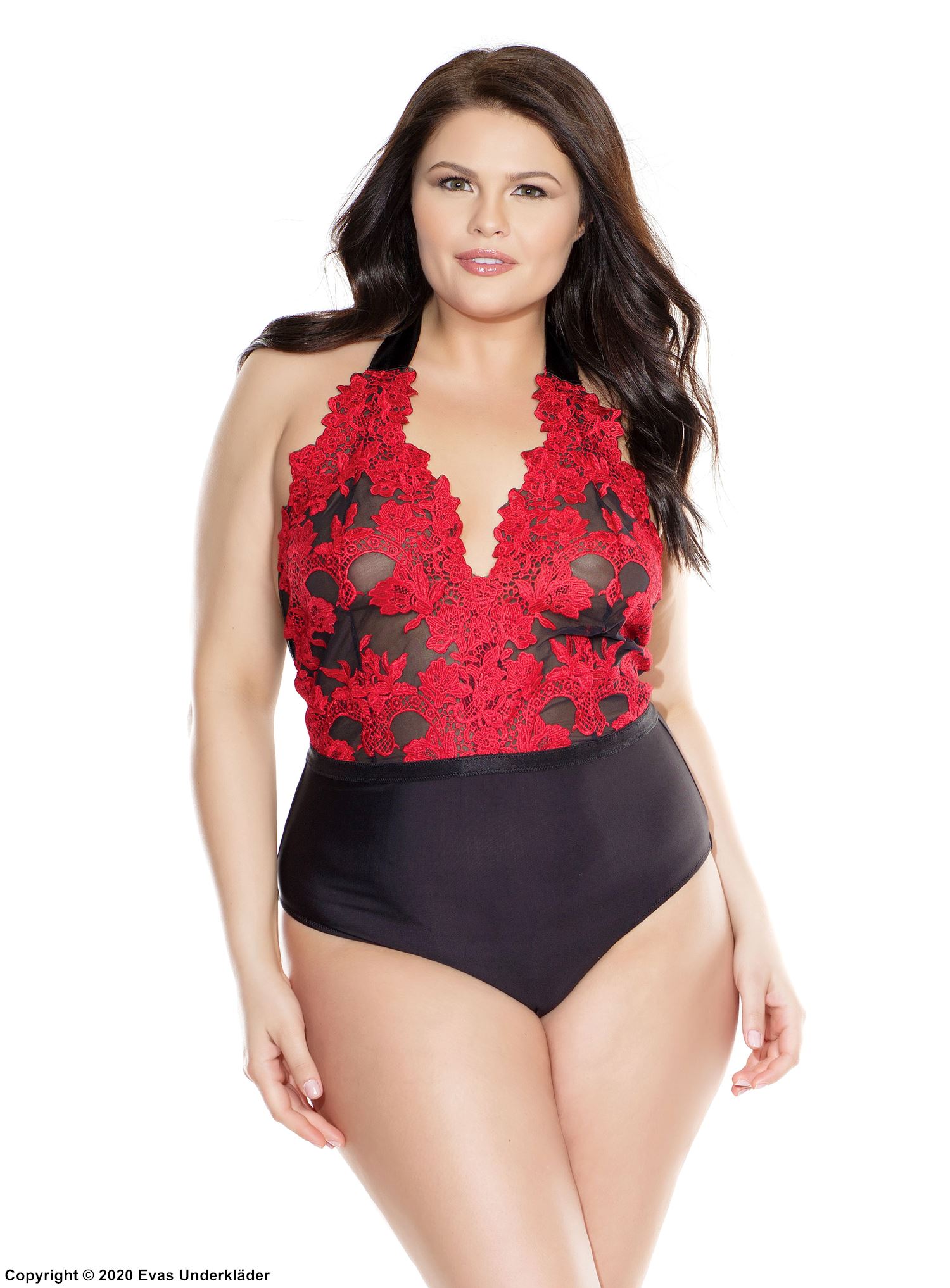 Romantisk teddy, broderi, V-utringning, rynker, plus size